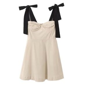 Zara- Chic linen Dress with Black Bow Straps